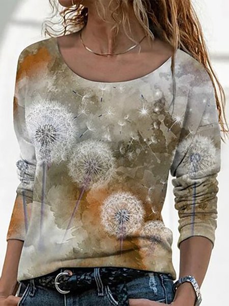 

Casual Dandelion Design Crew Neck Long Sleeve T-Shirt, Multicolor, T-Shirts