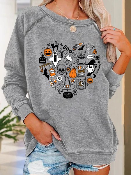 

Women Doodles Halloween Witch Heart Loose Crew Neck Halloween Sweatshirts, Gray, Hoodies&Sweatshirts