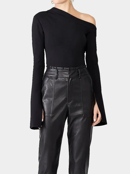 

High Elasticity Asymmetrical Plain Long sleeve Tight Tops, Black, Tops