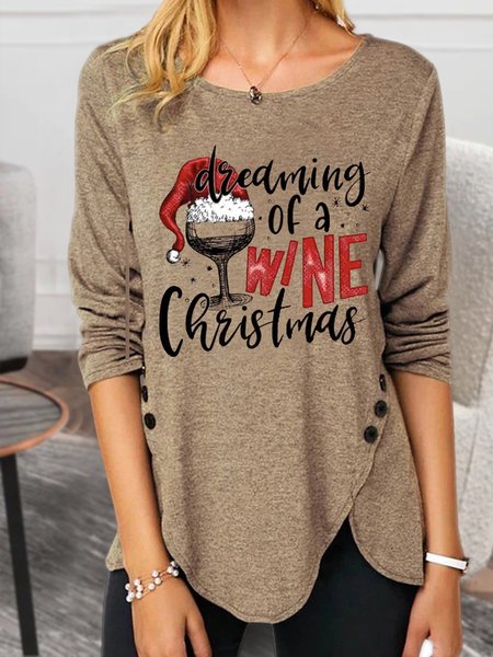 

Text Letters Christmas Crew Neck Loose T-Shirt, Khaki, T-Shirts