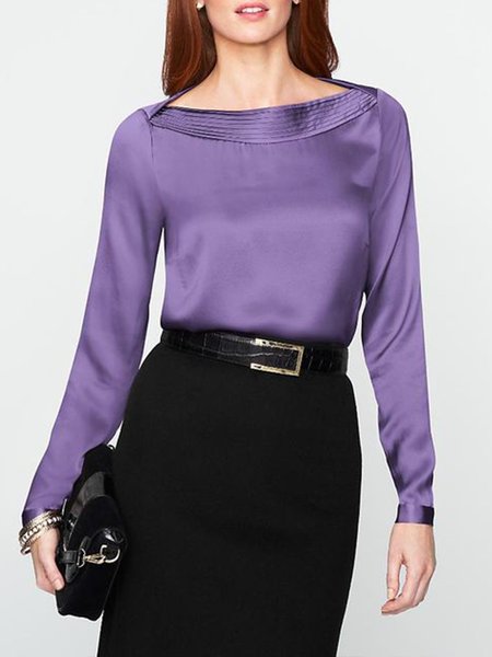 

Elegant Crew Neck Satin Plain Long Sleeve Top, Purple, Tees