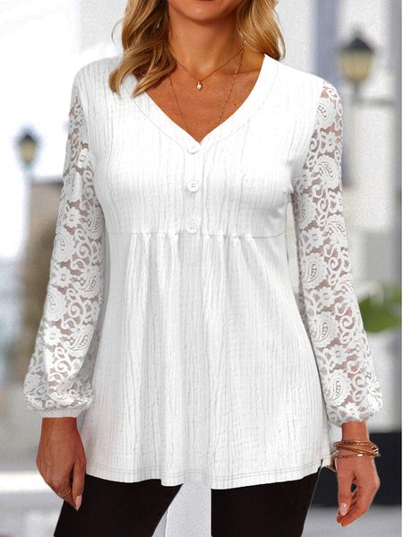 

Plain Lace Simple Lantern Sleeve Tops, White, Shirts & Blouses