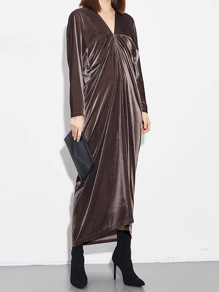 

Micro-Elasticity V neck Long sleeve Urban Dresses, Brown, Maxi Dresses