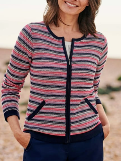 

Organic Cotton Lightweight Textured Stripe Zip Up Cardigan, Multicolor, Sweaters
