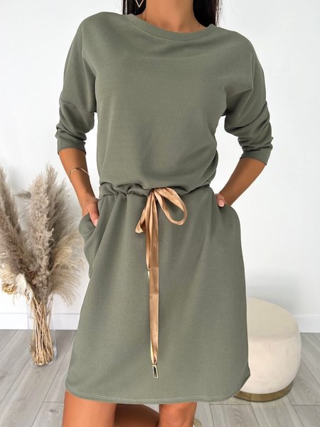 

Casual Round Neck Thickened Thermal Dress, Army green, Mini Dresses