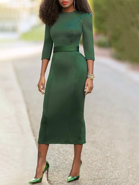 

Crew Neck Simple Plain Midi Dress, Green, Midi Dresses