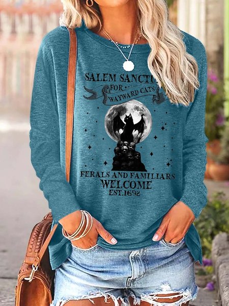 Women Black Cat Bats Casual Halloween Crew Neck Top, Green, Long sleeves