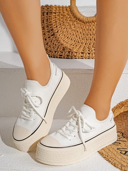 

Fashionable Lightweight Breathable Lace-Up Platform Flyknit Casual Shoes, White, Creepers & Wedges