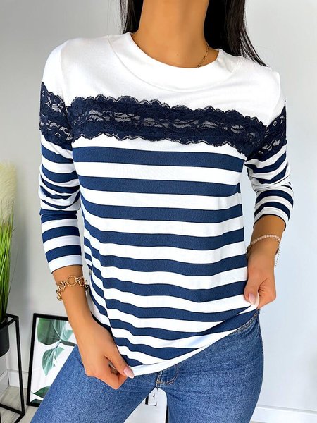 

Casual Blue Striped Lace Panel Top, Deep blue, T-Shirts