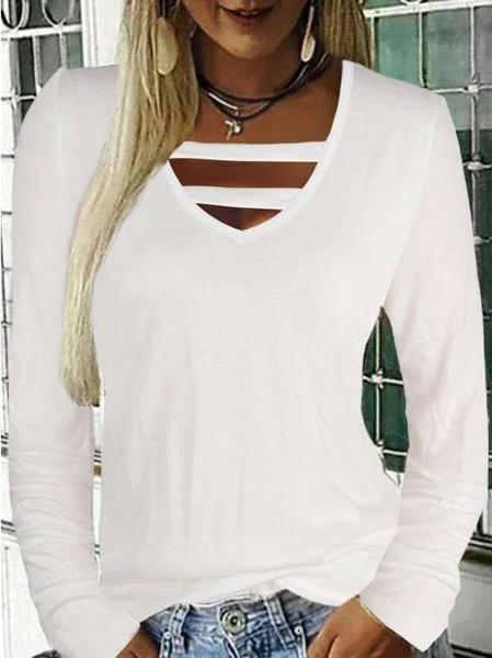 

V-neck Cutout Casual Loose Solid Color Long-sleeved T-shirt, White, T-Shirts
