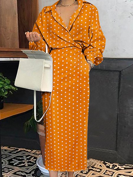 

Long sleeve Polka Dots Shirt Collar Regular Fit Dress, Yellow, Midi Dresses