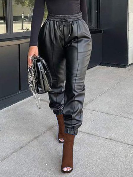

Black Long Regular Fit Plain Pu Fashion Pants, Pants