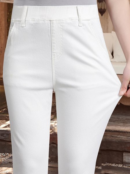 

Elastic waist pocket plain basic Casual Pants, White, Pants