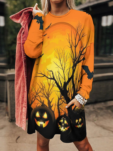 

Women Pumpkin Light Bats Happy Halloween Pattern Casual Dresses, As picture, Dresses