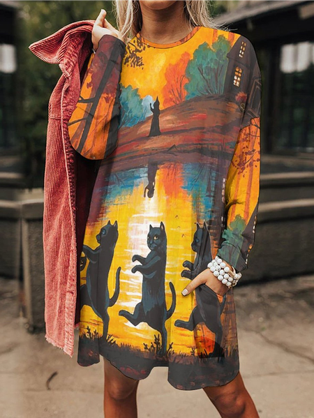 

Women Fall Black Cats Witch Pattern Casual Halloween Dresses, As picture, Dresses