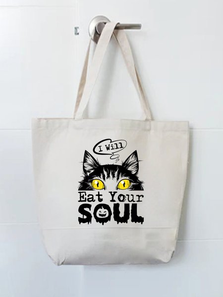 

I Will Eat Your Soul Halloween Cat Graphic Shopping Tote, White, Bags
