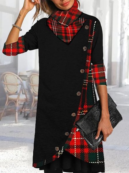 

Casual Plaid Autumn Spandex Buttoned Heavyweight Daily Turtleneck A-Line Dress for Women, Black, Mini Dresses