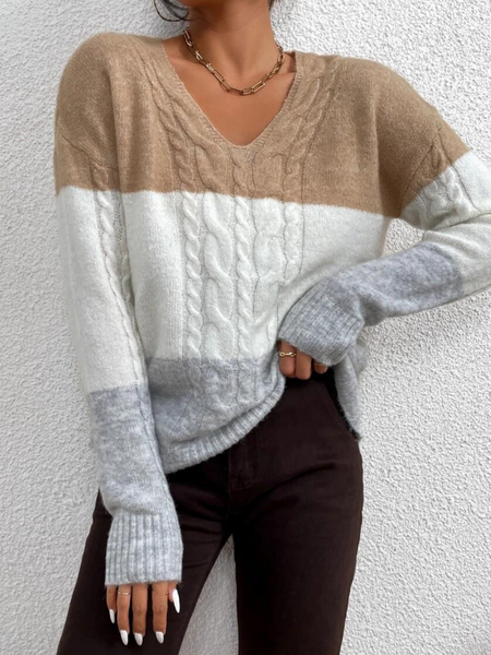 

JFN Casual V Neck Loose Sweater, Multicolor, Sweaters