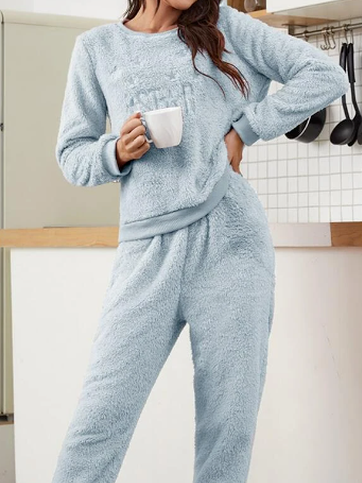 

JFN Crew Neck Casual Two Piece Sets, Light blue, Suit Set