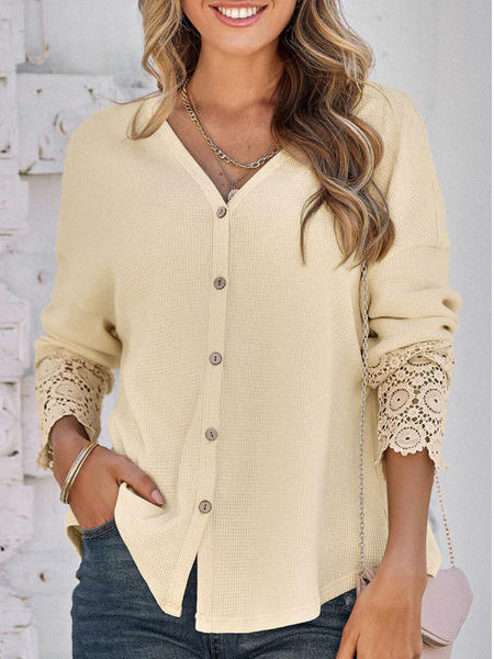 

V-neck Casual Loose Solid Color Lace Stitching Cardigan Coat, Apricot, Outerwear