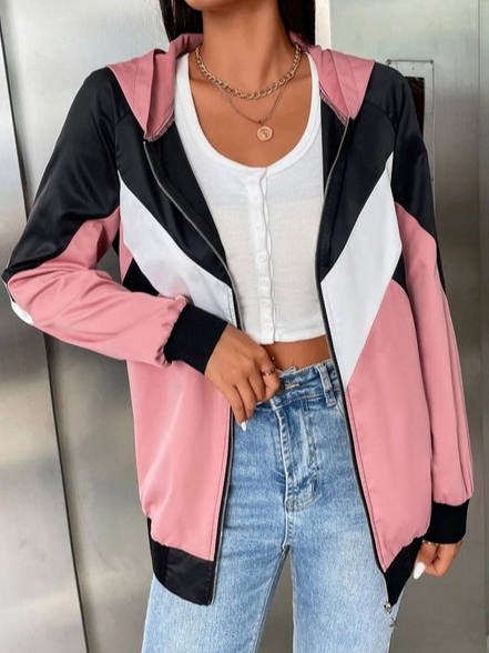 

Colorblock Zip Up Hooded Jacket, Multicolor, Outerwear