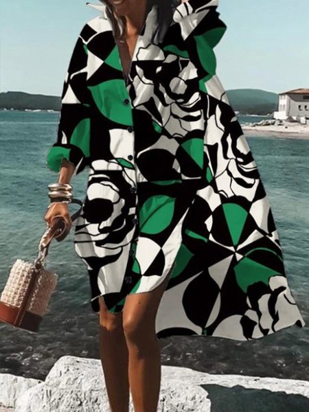 

Daily Casual Floral Printed Shirt Dress, Green, Midi Dresses