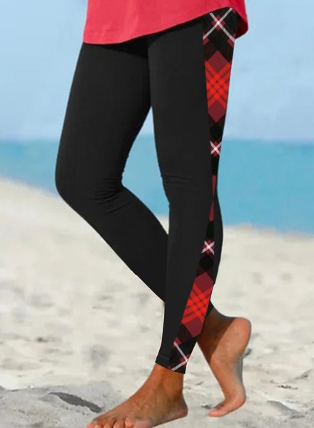 

Women Red Plaid Vintage Simple Leggings, Black, Leggings