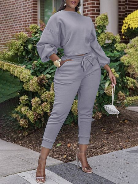 

Daily Long sleeve Crew Neck Plain Two-Piece Set, Gray, Two-piece Set