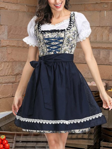 

Dirndl Oktoberfest Square Neck Vacation Floral Dresses, Blue, Dresses