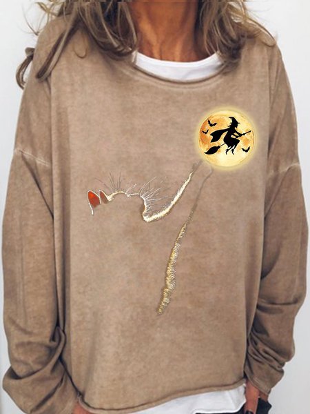 

Womens Cat Catching The Moon Funny Cat Halloween Crew Neck Sweatshirts, Light brown, Hoodies&Sweatshirts