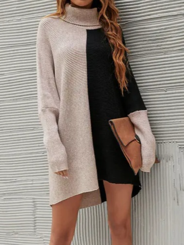 

Loose Urban Wool/Knitting Beige And Black Block Sweater, Multicolor, Mini Dresses