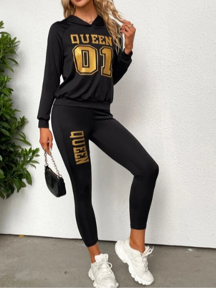 

Letter Graphic Raglan Sleeve Hoodie & Leggings, Black, Suit Set