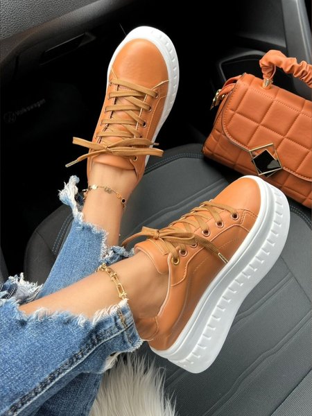 

Plain Leather Upper Platform Shoes, Khaki, Creepers & Wedges