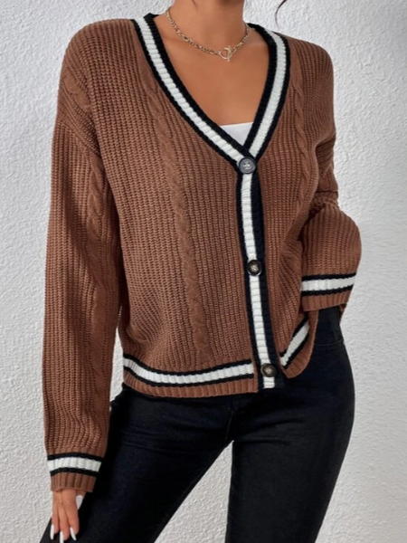 

Striped Trim Drop Shoulder Cable Knit Cardigan, Brown, Sweaters
