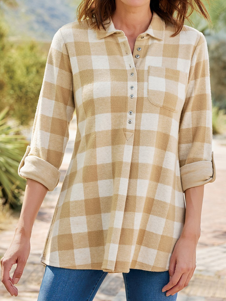 

Shirt Collar Cotton-Blend Casual Blouse, Khaki, Blouses & Shirts