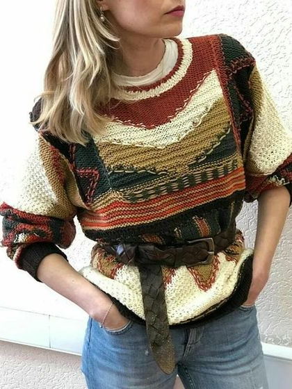 

Geometric Crew Neck Boho Sweater, Multicolor, Sweaters