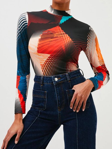 

Casual Abstract Long Sleeve Stand Collar T-Shirt, Multicolor, Tees