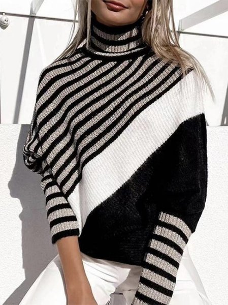 

Loose Long sleeve Casual Striped Sweater, Black, Sweaters