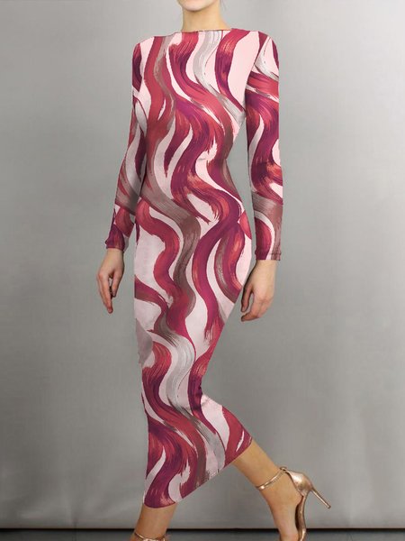 

Boat Neck Long sleeve Abstract Regular Fit Simple Dress, Red, Midi Dresses