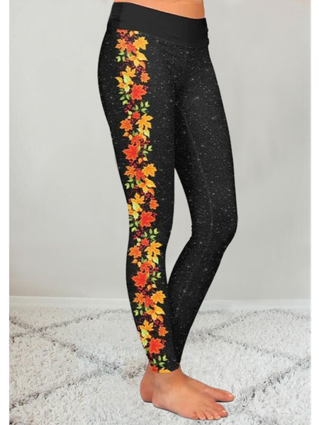 

Casual Leaf Long Leggings, Black, Leggings