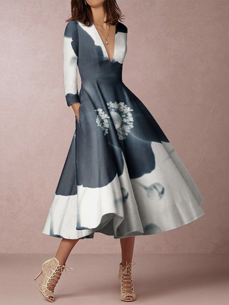 

V Neck Elegant Floral Midi Dress, Gray, Midi Dresses