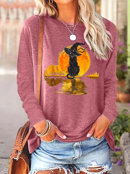 

Women Black Cat Witch Halloween Cotton-Blend Loose Tops, Pink, Long sleeves