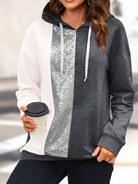 

Casual Sequin Dark Grey Long Sleeve Drawstring Hoodie, Gray, Hoodies & Sweatshirts