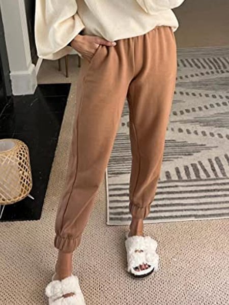 

Plain elastic waist pocket Sweatpants Plus Size, Camel, Pants