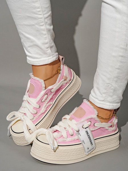 

Fashionable Lightweight Breathable Lace-Up Thick Sole Elevated Casual Canvas Shoes, Pink, Creepers & Wedges