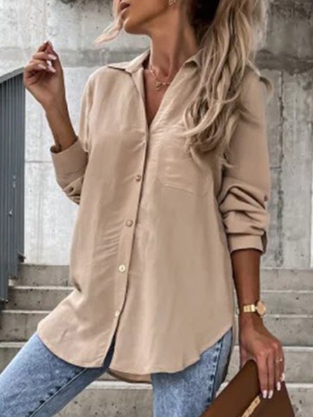 

Shawl Collar Casual Plain Buttoned Blouse, Light camel, Blouses & Shirts