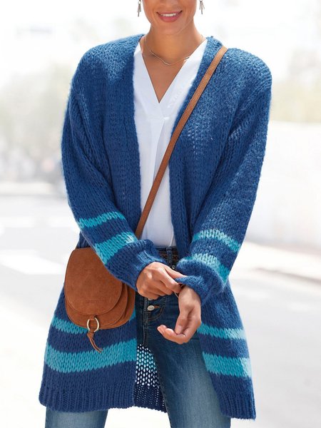 

V Neck Casual Striped Sweater, Blue, Sweaters