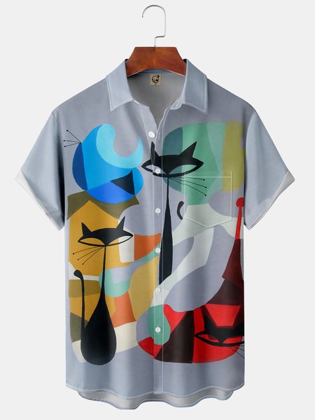 

Mens Retro Mid-Century Print Front Buttons Soft Breathable Chest Pocket Casual Hawaiian Shirt, Gray, Short Sleeve Shirts