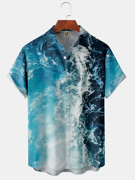 

Mens Ocean Waves Print Front Buttons Soft Breathable Chest Pocket Casual Hawaiian Shirt, Blue, Short Sleeve Shirts