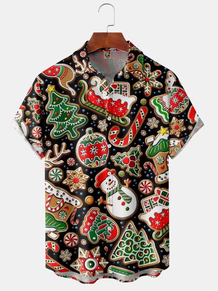 

Mens Christmas Events Print Front Buttons Soft Breathable Chest Pocket Casual Hawaiian Shirt, Black, Short Sleeve Shirts